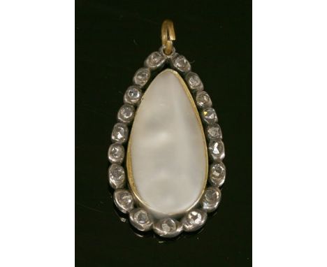 An early Victorian blister pearl and diamond drop pendant, with a pear-shaped blister pearl, rub set to the centre in a close