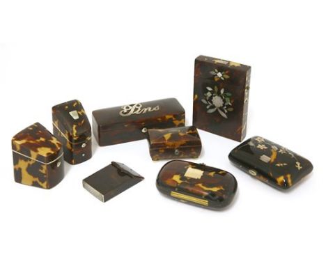 Eight assorted tortoiseshell boxes, to include a tortoiseshell needle case of knife box form, with ivory section interior, 4.