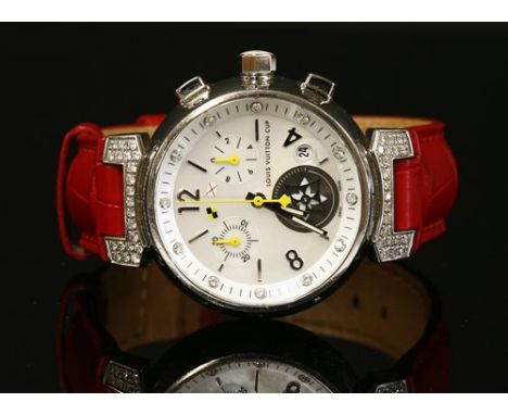 A ladies' stainless steel Louis Vuitton diamond set tambour 'Lovely Cup' quartz strap watch, a 34mm case with a mother-of-pea
