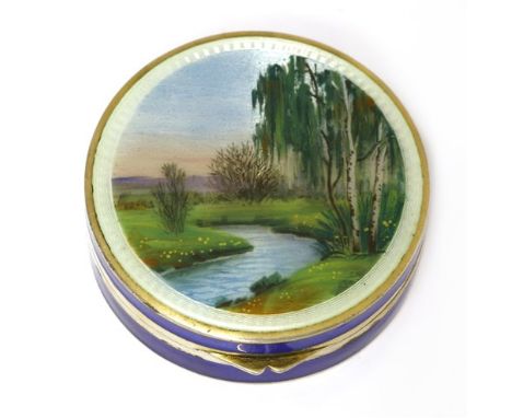 A silver and enamel circular compact, the lid with an enamel naturalistic scene of a river meandering through a landscape and