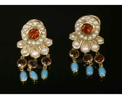 A pair of gold, garnet, cultured pearl and turquoise drop earrings, a hessonite garnet to the centre with a border of graduat