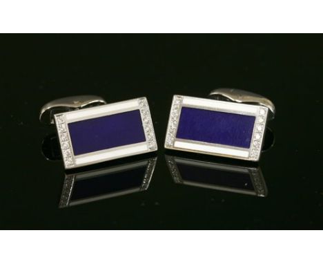 A cased pair of limited edition contemporary Fabergé 18ct white gold, enamel and diamond cufflinks, no. 27 of 500. Each recta