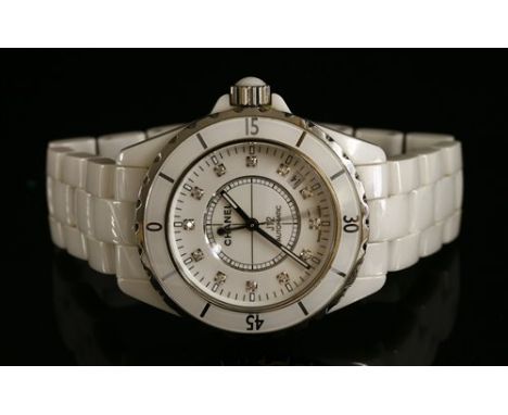 A ladies' white ceramic and stainless steel Chanel J12 Automatic bracelet watch, with diamond dot dial, 'L.N. 88950'. Case 38