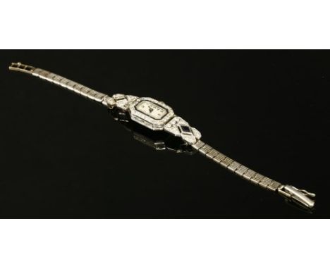 A ladies' Art Deco synthetic sapphire and diamond mechanical cocktail watch, on a later white gold bracelet. A rectangular cu