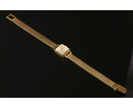 A ladies' gold Certina mechanical watch, with a later Continental gold bracelet. A square silvered dial with raised gilt bato