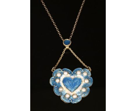 An Arts and Crafts swag gilt pearl and enamel pendant, c.1910, on a later chain. A scalloped heart-shaped pendant, with a cen