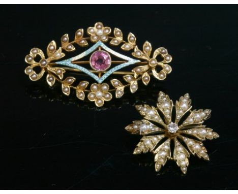An Edwardian gold, pink tourmaline, split pearl and enamel lozenge-shaped brooch, c.1905, with a circular mixed cut pink tour