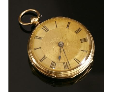 An 18ct gold key wound open-faced pocket watch, with a 41mm case. Gold engine turned dial with black Roman numerals and blued