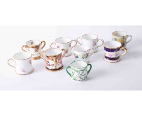 Royal Crown Derby miniature tyg, loving cups, two mugs, Royal Worcester tyg and three others (9).