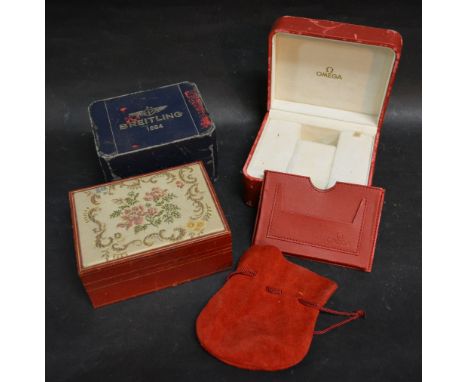 An Original Rolex Lined Box, together with another similar Breitling watch case, an Omega watch case and a Cartier pouch