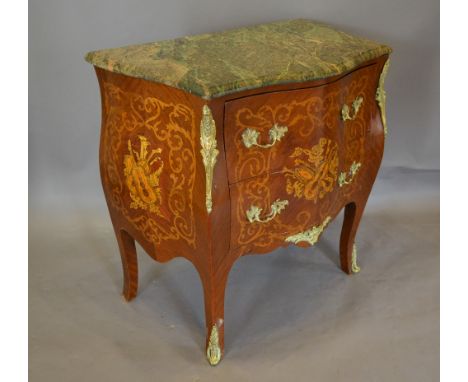 A Louis XVI Style Kingwood and Marquetry Inlaid Gilt Metal Mounted Serpentine Bombe Commode, the variegated marble top above 