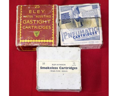 A box of Eley Gastight cartridges with a box of pneumatic cartridges and a box of (war time issue) Eley Kynoch, all three bei