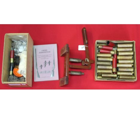 Thirty three brass 8 bore cases plus six Eley Kynoch paper cases, together with dies, wads, primers, bespoke powder measures 