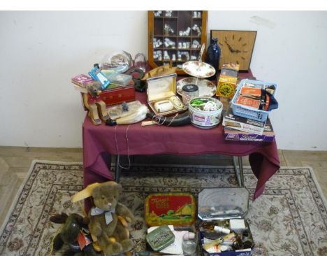 Selection of various vintage Mastermind Games, collection of thimbles, ship in a bottle, vintage First Aid kits, thermometer,
