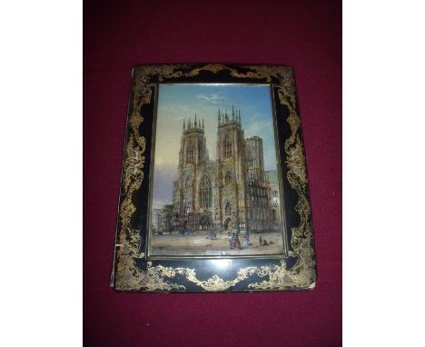 Victorian lacquered and gilt detail book cover with mother of pearl and glass panel depicting York Minister (24cm x 32cm) 