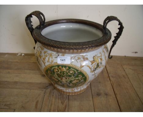 Large continental Rococo style hand painted planter with cast metal mounts &amp; handles (35cm width) 