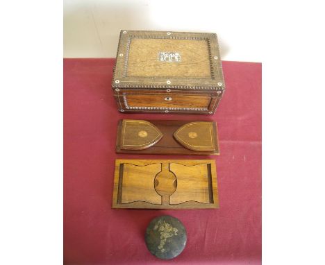 19th C rosewood &amp; Mother of Pearl inlaid table box, an Edwardian mahogany inlaid book slide, another book slide and a ori