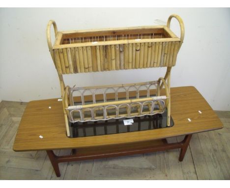 Circa 1970s retro two tier rectangular coffee table with inset smoked glass top and a bamboo work planter (2) 
