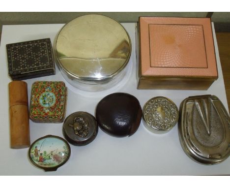 Anglo-Indian rectangular box, a nut converted into a snuff box, various table boxes, plated ware, enamel work box etc 