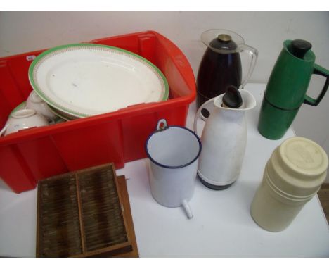 Part dinner service, a set of Edwardian glass slides in wooden case, vintage thermos type flasks, enamel ware etc 