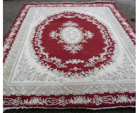 Extremely large Chinese woollen beige and red ground carpet (width 255cm) 