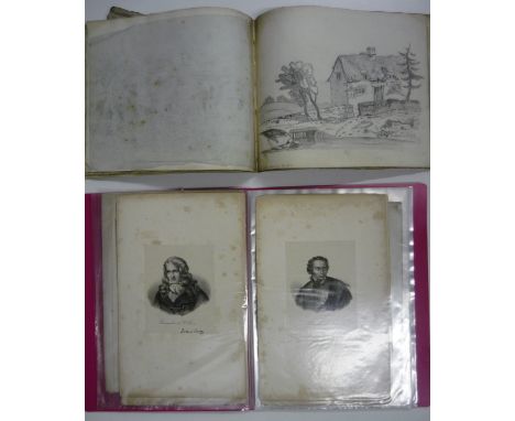 Collection of 18th C, early 19th C &amp; later portrait prints and 19th/early 20th C sketch book by Henry Smith of York 