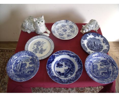 Pair of Copeland Spode Italian pattern bowls, other 19th C and later blue &amp; white plates and two pottery cats by Just Cat