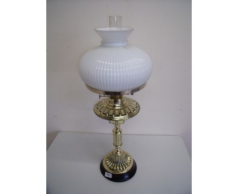 19th/20th C Arts &amp; Crafts style brass oil lamp with opaque glass shade (68cm high) 