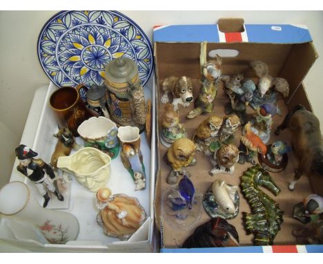 Hornsey Fauna type pottery, Coalport model of a chaffinch and other decorative animals sculptures &amp; pottery (two boxes) 