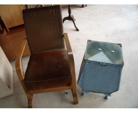 1930s oak framed Lloyd Loom style easy chair and a Lloyd loom laundry basket (2) 