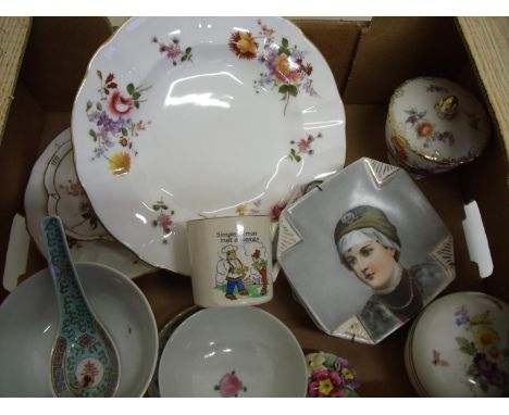 Set of three continental porcelain portrait plaques of ladies, a small selection of Royal Crown Derby 'Derby Pos' side plates