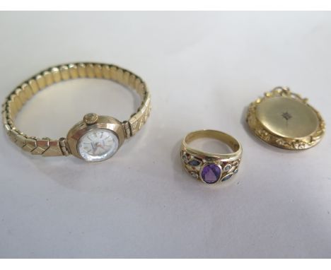 A 9ct gold ring inlaid with amethyst and other colourful stones, ring size N/O, together with a 9ct gold cased Excalibur Inca