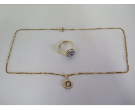 A diamond encrusted wheel form pendant with 9ct gold mount and 9ct gold chain, approximately 3.3g together with a diamond clu