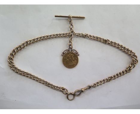 A 9ct gold Albert chain with a mounted 1912 George V, gold Sovereign, approximately 52.4g overall 