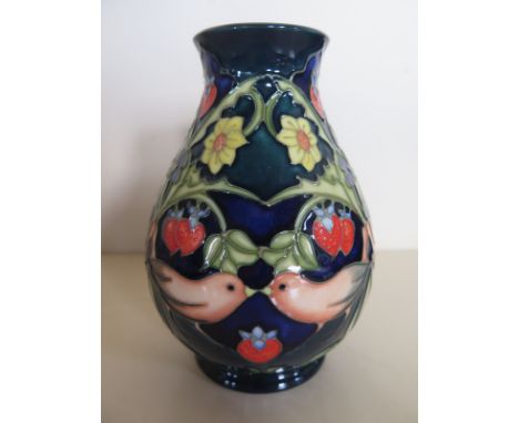 A 1995 Moorcroft Strawberry Thief pattern vase by Rachel Bishop and Gillian Powell, signed by both, approximately 13cm high, 