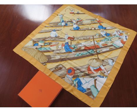 A Hermes silk scarf Marche Flottant Du Iac Ingle II - 88cm x 88cm - good condition with box, slight wear to box 