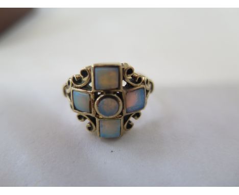 A 9ct Gothic style opal ring - size N - approx 4.5 grams - minor usage marks - generally good 