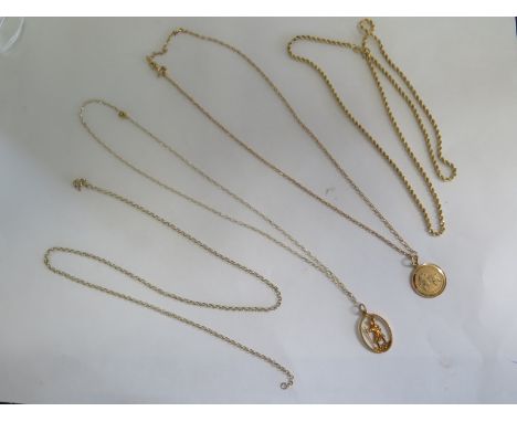 An 18ct yellow gold chain - 52cm long - approx 3.2 grams - and three 9ct chains, and two pendants, total weight approx 9 gram