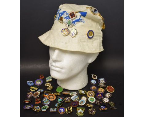 A collection of late 20th century bowling club enamel pin badges; bowling hat; etc 