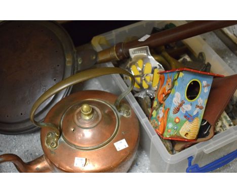 Metalware - a brass door furniture, bolts, warming pan, engraved with an Owl perching on a gate;  kettle; etc 