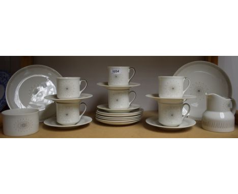 A Royal Doulton Morning star tea service for six, comprising a pair of cake plates, side plates, cream jug, sugar bowl, cups 