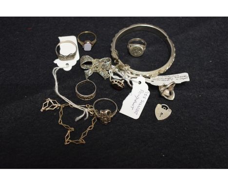 A sterling silver marcasite ring, other silver and silver coloured metal jewellery, bangle, necklaces, rings; qty