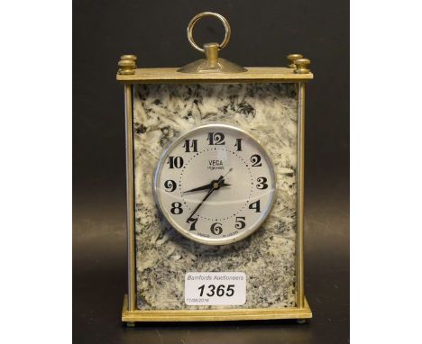 A Russian Vega composite marble and brushed steel mantel clock, 14 jewel, made in USSR, Arabic numerals, 18cm high