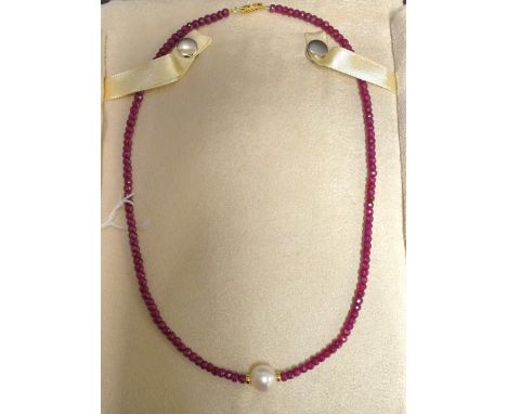 A cultured pearl and ruby necklace, 14k gold clasp