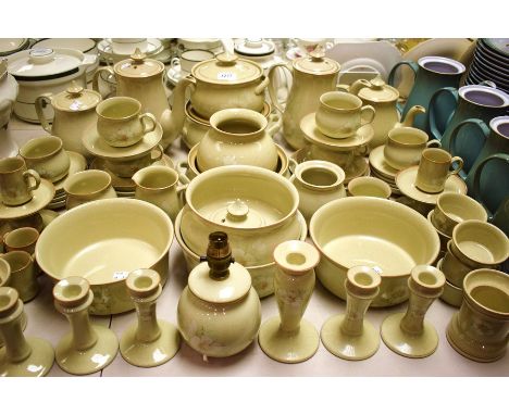 Denby - an extensive Day Break pattern table service, comprising dinner and side plates, tureens, coffee pots, bowls, candles