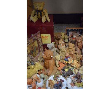 A Steiff resin anniversary bear model with blue ribbon, boxed; others similar with cast metal miniatures; Peter Fagin bears; 