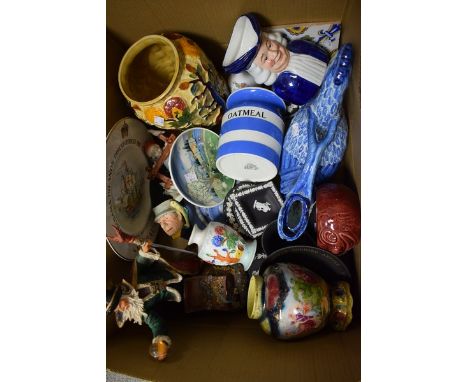 Ceramics - a T G Green Cornish ware blue banded Oatmeal jar;  Wedgwood black jasperware, trinket dishes etc;  a tile;  wizard