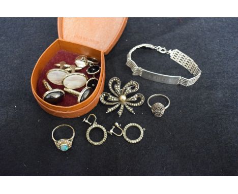 A silver and opal dress ring; a silver bracelet, 12g; a silver and marcasite ring; marcasite; cufflinks; etc.