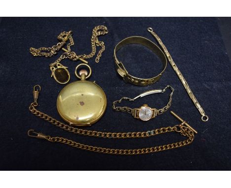 A lady's 18ct gold watch, replacement gold plated bracelet strap; a gold plated buckle bangle; a gold plated hunter pocket wa