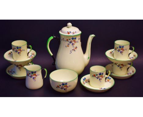 A Plant Tuscan china floral coffee service comprising coffee pot, cream jug, sugar bowl, five cups and saucers